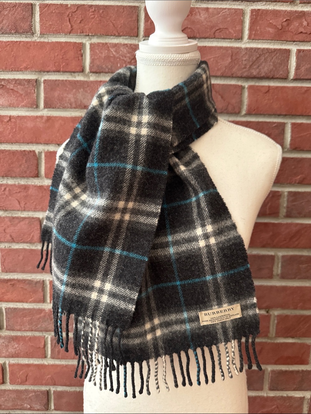Burberry Luxurious Lambswool Black Plaid Scarf with Teal /White Accent